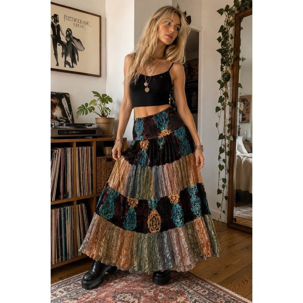 Funkadelic Velvet Burnout Tiered Maxi Skirt Boho Fairy Grunge Festival Small NWT